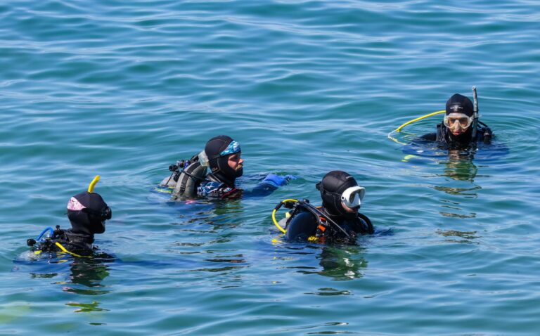 A group of four scuba divers in wetsuits on the ocean surface preparing for a dive.