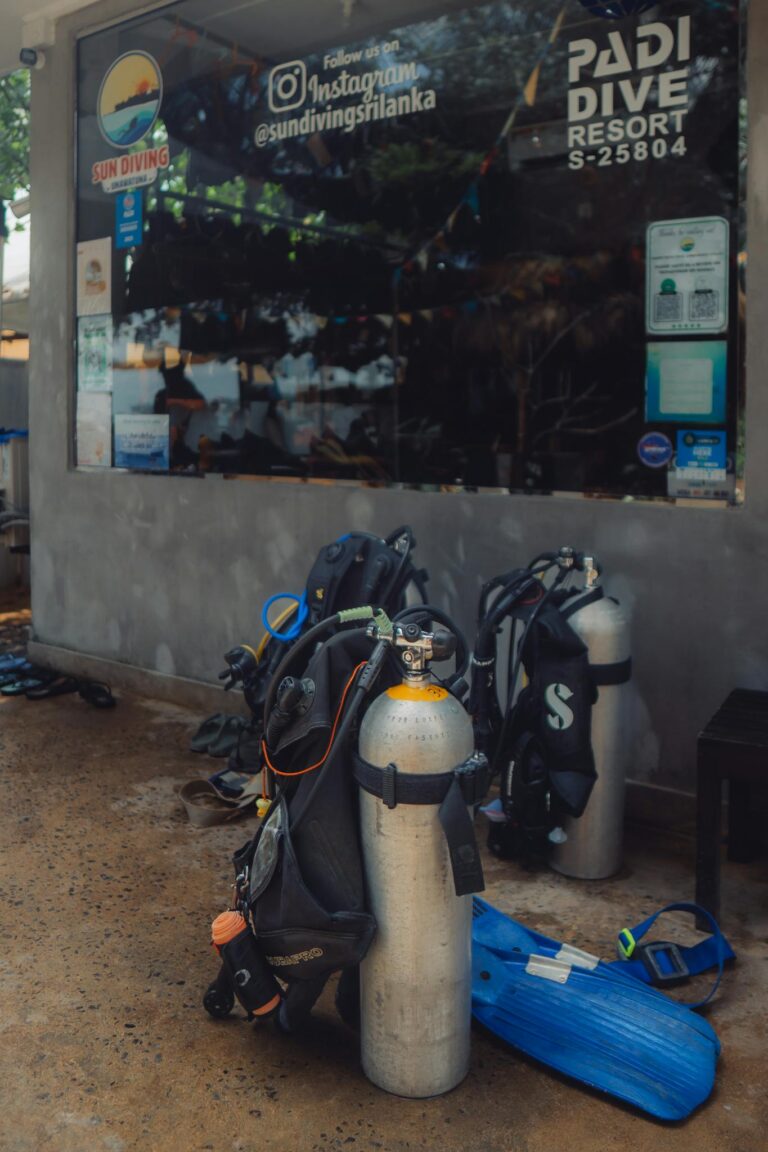 Scuba diving gear ready for use at a PADI dive center in Sri Lanka.
